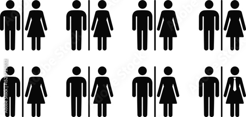 Male and female restroom icons, toilet sign vector, black pictogram set, gender symbols, man woman door signage silhouette illustration