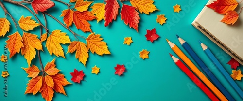 Intricate autumn leaves and school supplies like books and pencils cut from paper, on a vector background,  learning,  stationery