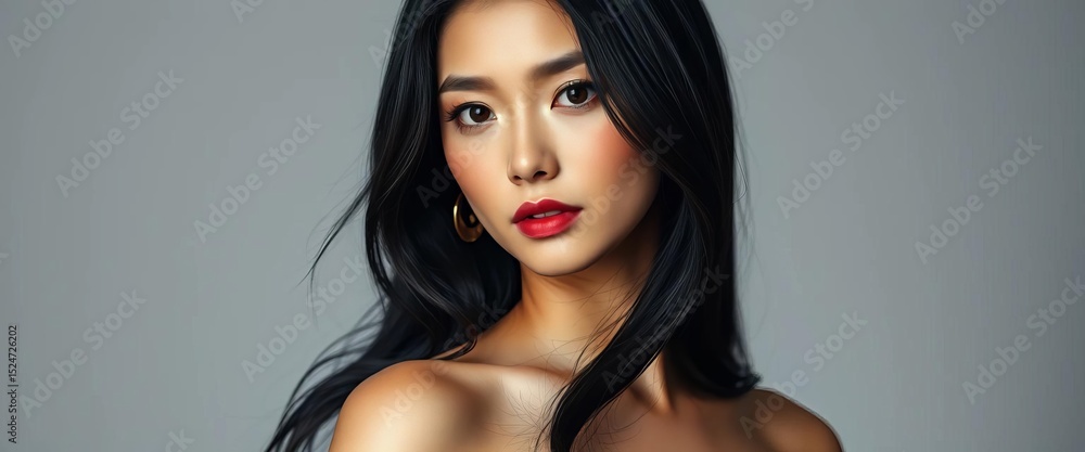 Serene figure, dark hair, elegant pose, Eastern Asian features, ethnicity, model release Serene figure, dark hair, elegant pose, Eastern Asian features, ethnicity, model release