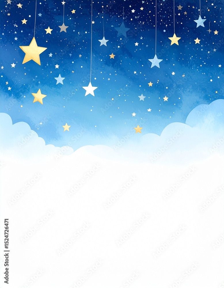 Fototapeta premium Watercolor night sky background with hanging stars for baby shower decor