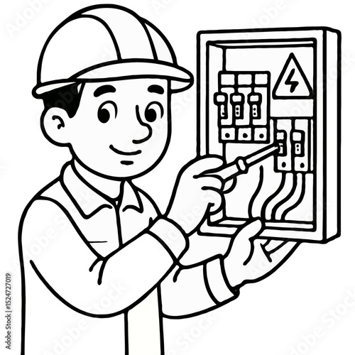 Male Electrician Working on Fuse Box or Circuit Breaker - Electrical Maintenance Coloring Page