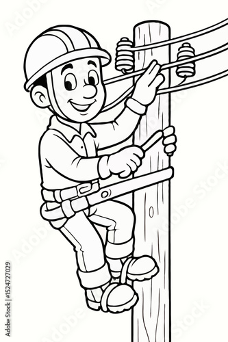 Lineman or Electrician Working on Power Pole - Utility and Construction Coloring Page