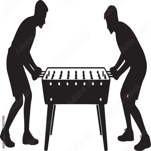 Silhouette of two men playing foosball on a table in a black and white illustration style image