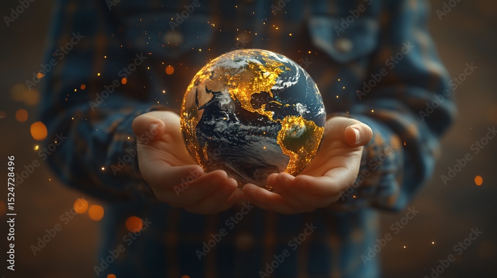 Fototapeta premium Child's hands gently holding Earth. A symbolic representation of environmental stewardship, care, and protection