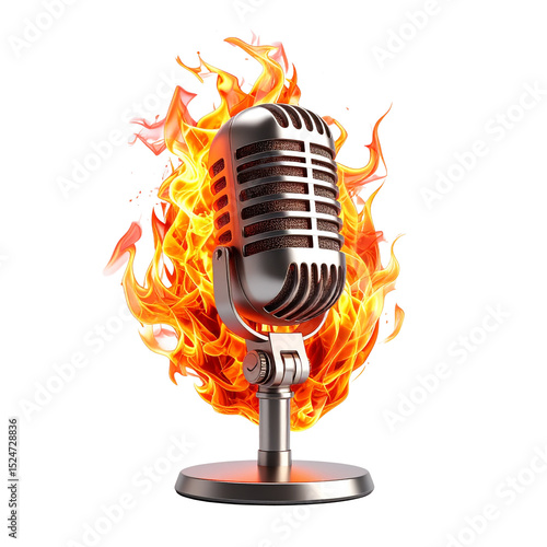 Vintage microphone on fire hot podcast recording studio equipment
