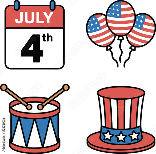 Independence Day Celebration Icons – July 4th Calendar, Balloons, Drum, Hat