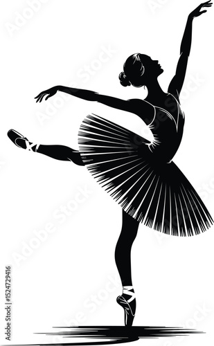 Elegant ballerina silhouette dancing in tutu, classical ballet pose illustration, female dancer vector art, graceful performance stage design