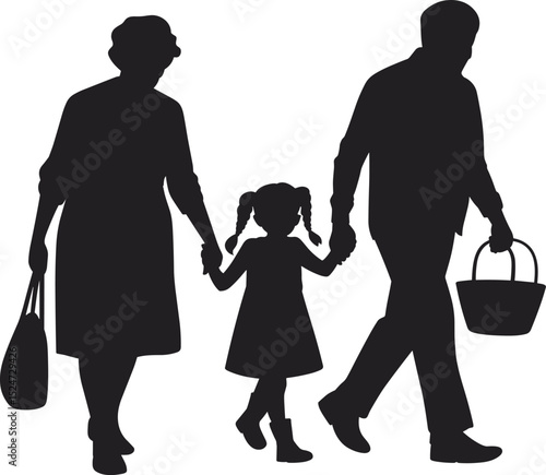 Silhouette of grandparents walking with granddaughter, family bonding illustration, elderly couple with child vector, generational love and care