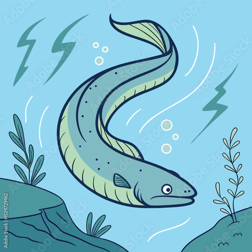 Colorful vector illustration of an electric eel (Electrophorus), featuring its elongated body and a subtle, stylized electric aura. Perfect for unique aquatic or energy-themed designs.