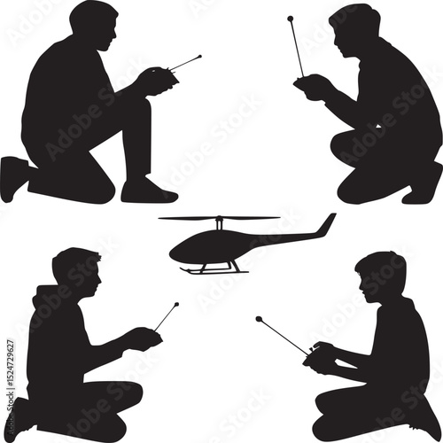 Silhouettes of people kneeling and controlling a remote helicopter on a white background design layout