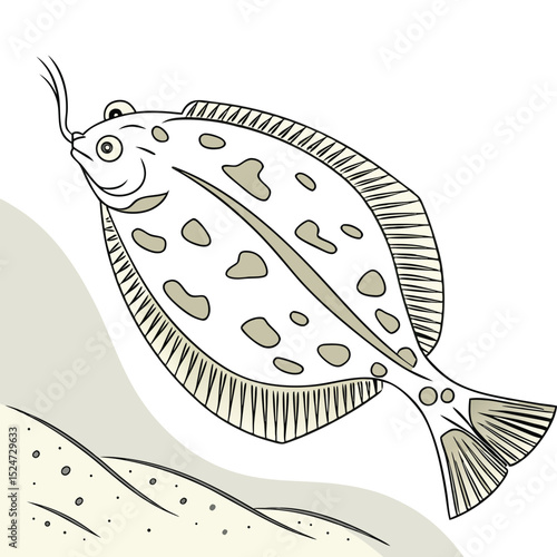 Flat vector design of a flounder or sole (Pleuronectiformes), a flatfish adapted to a benthic (seabed) lifestyle, showcasing camouflaged patterns. Ideal for marine ecosystem or unique fish.