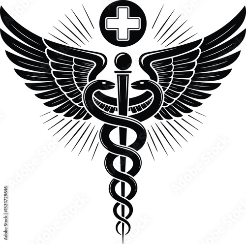 Caduceus symbol with wings and snakes, medical emblem vector, healthcare icon design, hospital logo graphic, doctor pharmacy illustration