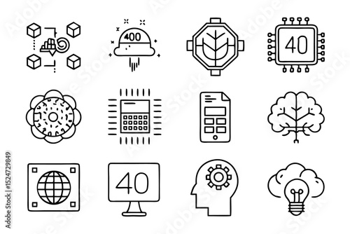 Collection of line icons depicting memory card brain cpu and neurological concepts isolated on transparent background