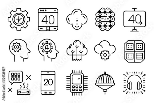 Collection of line icons depicting memory card brain cpu and neurological symbols isolated on transparent background
