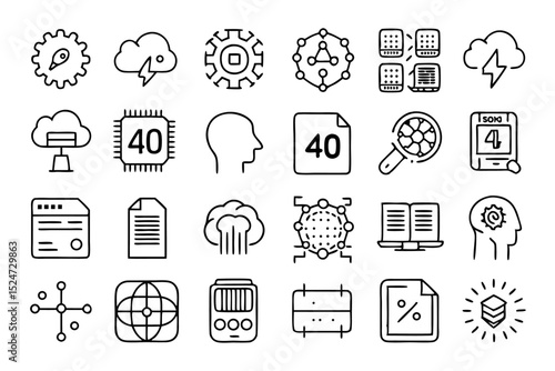 Collection of line icons depicting memory card brain cpu and neurological concepts isolated on transparent background
