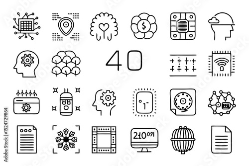 Collection of line icons depicting memory card brain cpu and neurological concepts isolated on transparent background