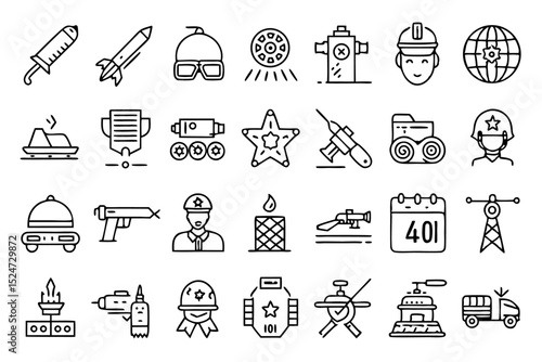 Military army weapons helmet line icons set isolated on transparent background