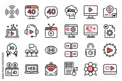 Collection of line icons depicting online video camera network functionality isolated on transparent background