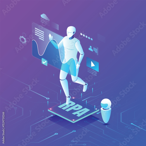 A robot manipulates a chart while standing on a platform labeled RPA in a futuristic techcentric scene