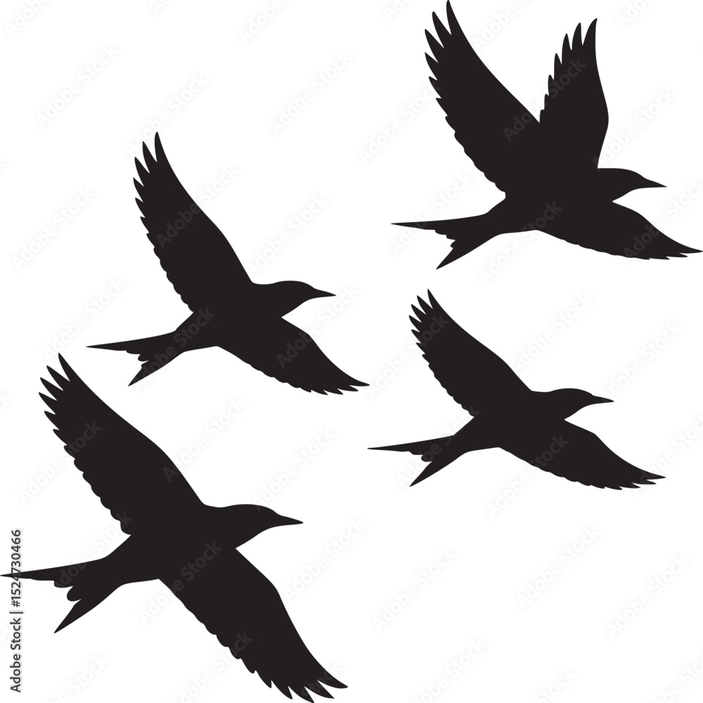 Obraz premium A silhouette of four birds flying in formation against a white background in a minimalist style art