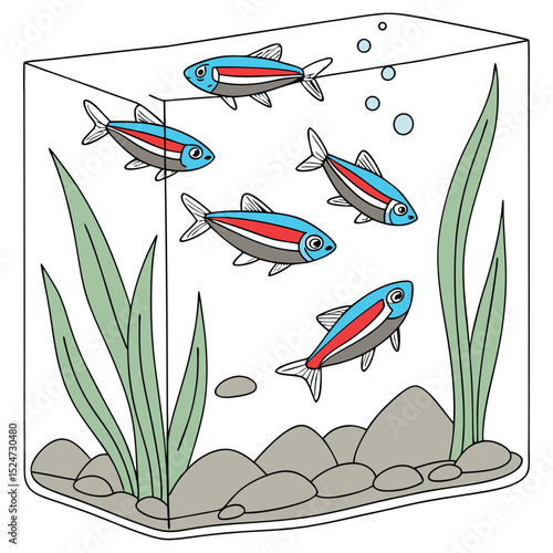 A vibrant vector collection of small neon tetra fish (Paracheirodon innesi), showcasing their iconic iridescent blue and red stripes, often depicted schooling.