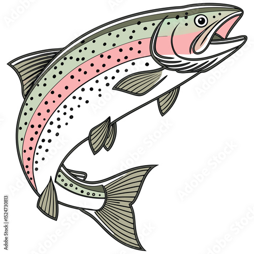 Bright vector graphic of a rainbow trout (Oncorhynchus mykiss), clearly showing its characteristic speckled pattern and distinct pinkish lateral stripe. Ideal for fishing or freshwater themes.