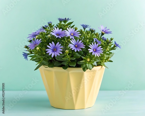 Wallpaper Mural Scaevola Fan Flower in Yellow Pot on Cyan Background Torontodigital.ca