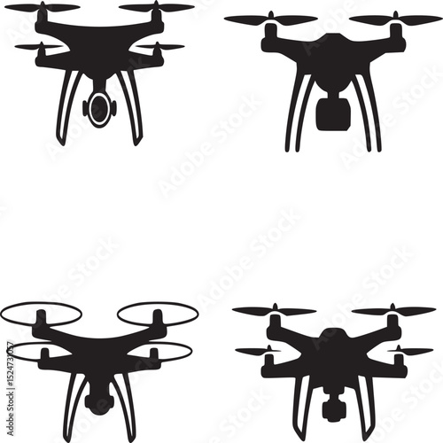 Four drone silhouettes arranged in a square pattern on a white background showing different drone styles