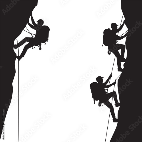 Silhouette of three climbers rappelling down a rock face with ropes and safety gear on a white background