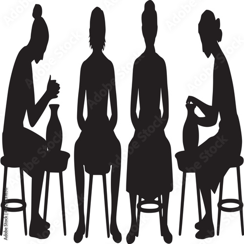 Silhouette of four people sitting on stools with two working on pottery against white background