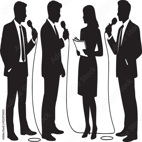 Silhouette of four people with microphones interviewing a woman holding a document in her hands