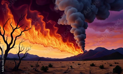 Desert wildfire smoke animation loop