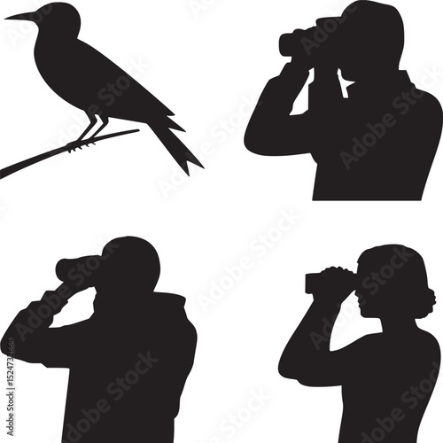 Silhouette of bird on branch and people looking through binoculars on a white isolated background