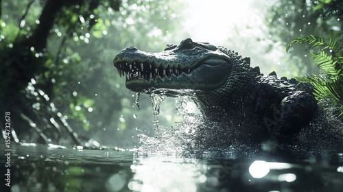 Crocodile emerges from murky water in a lush jungle