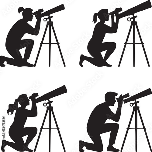 Four silhouettes of people kneeling and looking through telescopes on tripods against white background