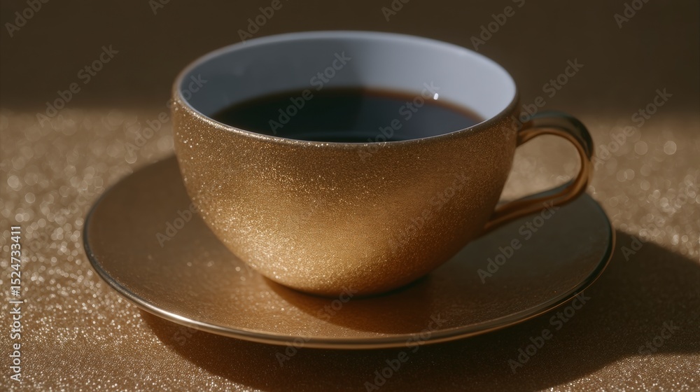 Fototapeta premium Luxury Gold Coffee Cup Sparkling Drink Elegant Teacup Breakfast Beverage Rich Texture