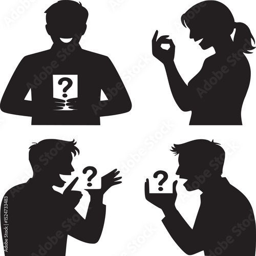 Four silhouettes with question marks representing uncertainty and communication issues in black and white