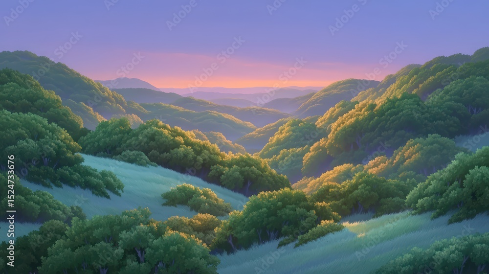 Obraz premium Misty Sunrise Over Hilly Forest Landscape Scenic Nature Background