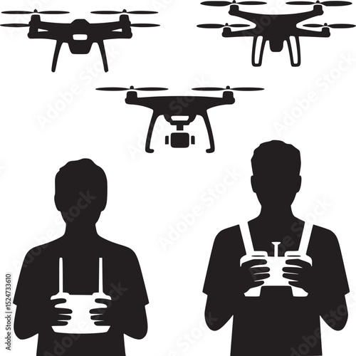 A monochrome illustration of three drones and two people holding remote controllers in silhouette
