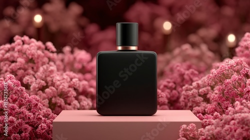 Elegant Black Perfume Bottle Mockup  Pink Flowers  Studio Shot