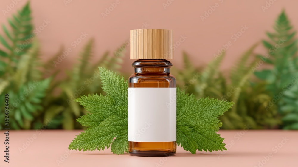 Fototapeta premium Amber Cosmetic Oil Bottle Mockup with Green Leaf