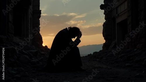 A sorrowful Job silhouette bowed low amidst ancient ruins a 4k video depicting despair and desolation