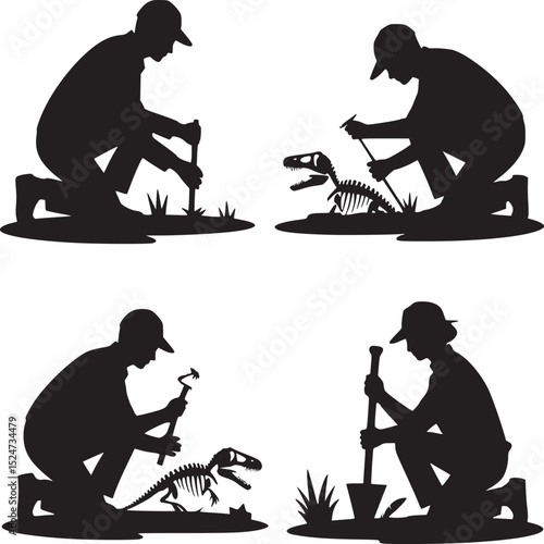 Four silhouettes of people digging with dinosaur skeletons on a white background illustration