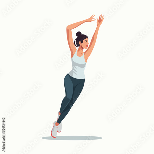 Cartoon girl stretching waist with arm over head