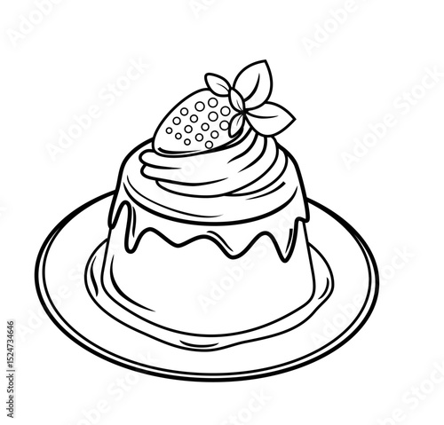 a plate of custard pudding with strawberry topping