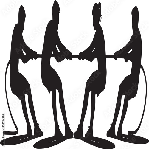 Silhouette of four people engaged in a tug of war competition on a white background illustration