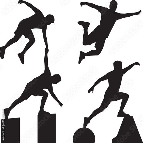A black and white image showing four silhouettes of men performing acrobatic or parkour like moves