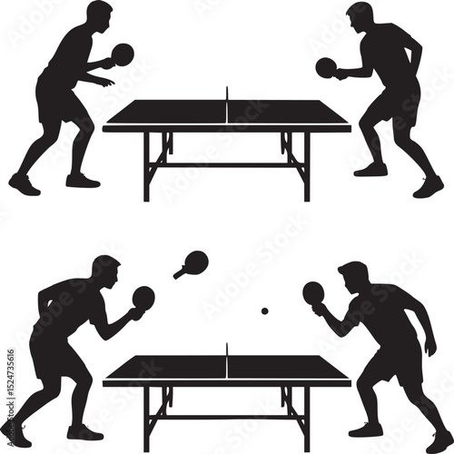 Silhouette illustration of two table tennis games with players and equipment on a white background