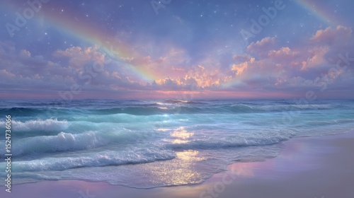 Serene Pastel Beach  Double Rainbow  Sunset  Ocean Waves