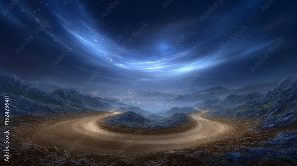 Fototapeta premium Winding Mountain Road at Night Starry Sky Fantasy Landscape